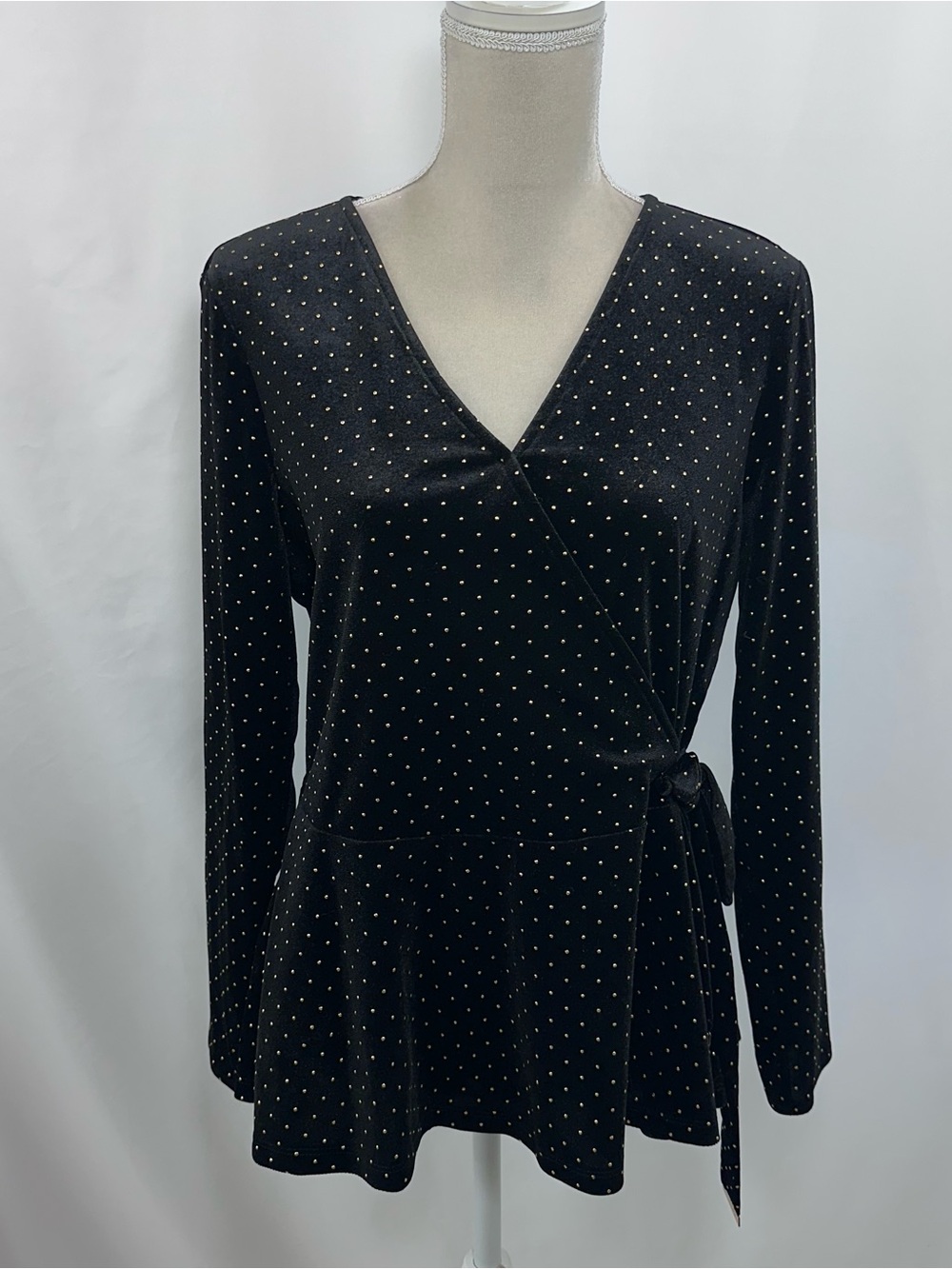 MICHAEL Michael Kors Black Velvet Wrap Top with Gold Dot Print